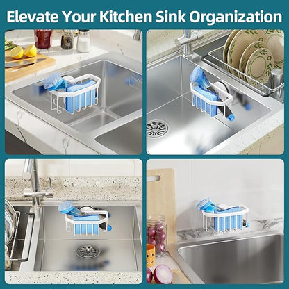 TAILI Sink Caddy with Strong Suction Cup, Sponge Holder for Kitchen Sink Organizer, Removable Sponge Caddy Inside Sink, Rustproof Aluminum Holder for Sponges, Brushes - White