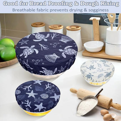 5-Size Reusable Beeswax Bowl Covers for Bread Proofing, Cotton Cloth Flexible Beeswax Wraps for Food Storage(Ocean Series)
