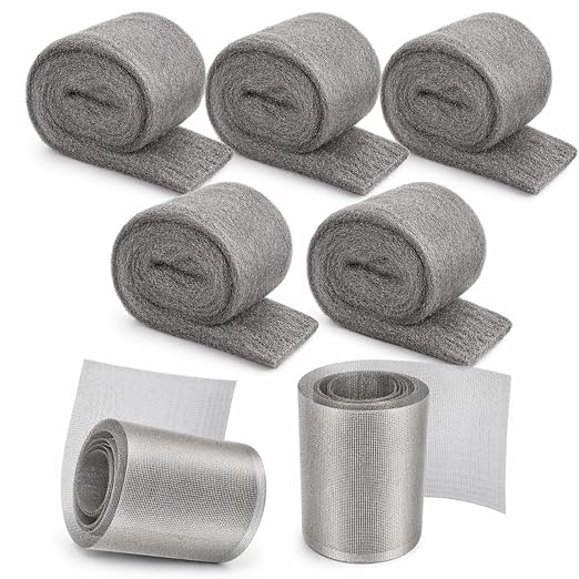 Steel Wool Bulk - 5 Pack 2.75 in x 11.5 Ft Steel Wools & 2 Pack 5 in x 15 Ft Stainless Wire Mesh, Mouse Hole Filler for House & Garden, Fine SteelWool for Polishing Chrome, Glass