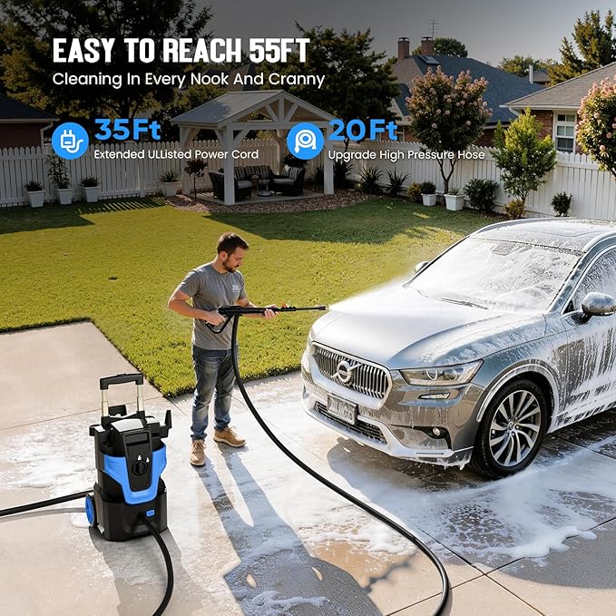5000PSI Heavy Duty Pressure Washer, 3-Speed Adjustable Power Washer with 2-Stage Pull Rod, 4 Nozzles, Foam Cannon & 500ml Soap Bottle for Car, Home & Outdoor Cleaning,Blue