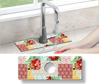 Kitchen Sink Splash Guard Faucet Mat Super Absorbent Fast Drying Mat Sink Gadgets Splash Guard Behind Faucet Drip Catcher for Kitchen (Boho Trellis, 15x5.5in)