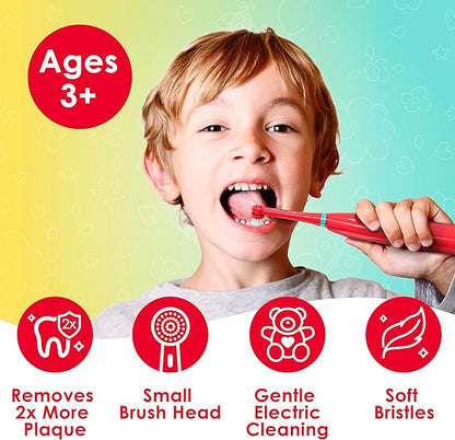 Brusheez Kids’ Electric Toothbrush Set - Safe & Effective for Ages 3+ - Parent Tested & Approved with Gentle Bristles, 2 Brush Heads, Rinse Cup, 2-Minute Timer, & Storage Base (Pepper the Dino)