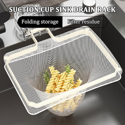 Kitchen Sink Strainer with 100 PCS Filter Mesh Bag, Food Waste Filter Basket, Suction Cup Folding Washing Vegetables and Fruits Drying Bag Holder(Silver)