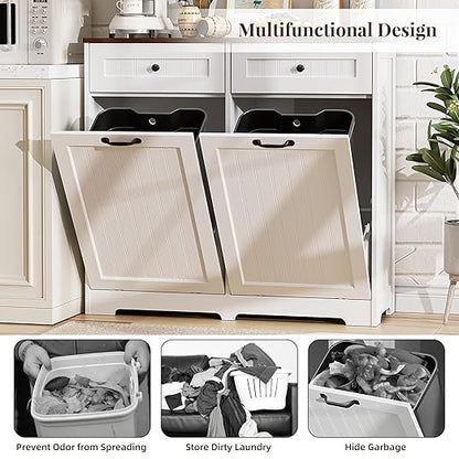 AHB Double Tilt Out Trash Can Cabinet for 2 Bins, Hidden Garbage Can Cabinet with Drawers, Wooden Trash Bin Cabinet, 10 Gallon Trash Can Holder Cabinet for Kitchen, Living Room, Laundry Room, White