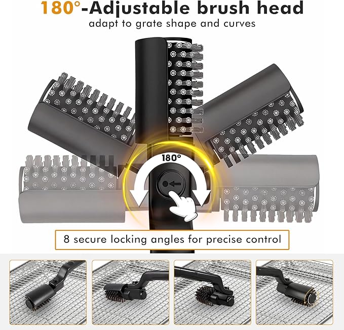 Electric Grill Brush with Rotary180°Adjustable Brush Head for BBQ,3-Speed Setting,Rechargeable,90Mins Runtime,Cordless,Waterproof, Anti-Shedding Wire Bristle and Grinding Brush for Grill Cleaning
