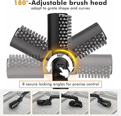 Electric Grill Brush with Rotary180°Adjustable Brush Head for BBQ,3-Speed Setting,Rechargeable,90Mins Runtime,Cordless,Waterproof, Anti-Shedding Wire Bristle and Grinding Brush for Grill Cleaning