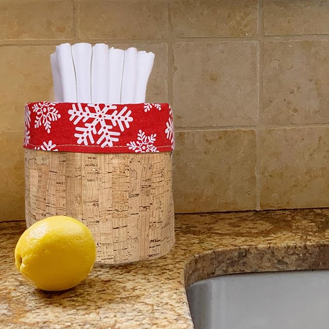 Reusable Paper Towel Set/Towels & Cork Fabric Basket/Made in USA/Machine Washable/Absorbent and Durable Edges & No Pilling/Reversible (Red Snowflake & Cork Basket, 24 Pack Cloths)
