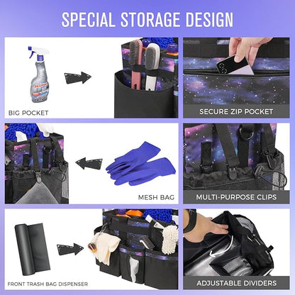 SCAVATA Wearable Cleaning Caddy, Cleaning Caddy Supplies Organizer with Handle & Shoulder Straps for Housekeepers, Under Sink & Car Cleaning Tool Organizers Bag with 4 Foldable Divider (StarrySky)