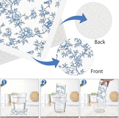 Blue Floral Swedish Dishcloths for Kitchen - 6PCS Blue Whihe Floral Swedish Cloths for Washing Dishes Reusable Flower Dish Towels Washable Cleaning Sponge for Home Party Fast Drying