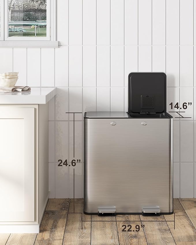 Trash Can,16 gal / 60 L Dual Compartment Stainless Steel Kitchen Trash Can for Recycling,2×8-Gallon Garbage Can with Lid, Removable Inner Buckets, Soft-Close Foot Pedal for Kitchen Home Office