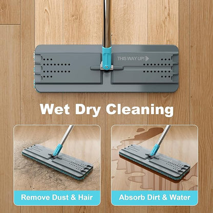 JOYMOOP Mop and Bucket Set with Wringer, with 3 Reusable Microfiber Mop Pads, Mops for Floor Cleaning and Wall Cleaning, Hands-Free Flat Mop for Home Use - Grey+Cyan Blue
