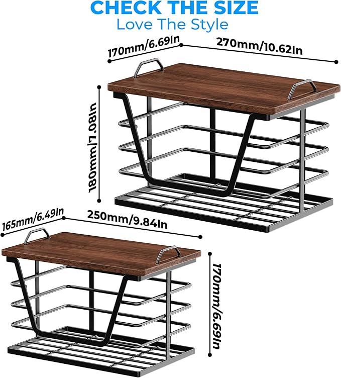 Trash Bag Holders with Wood Top, Large & Small Garbage Bag Dispenser for Kitchen, Pantry, Laundry Room Organization, Wall Mount or Countertop Use, Black Larger