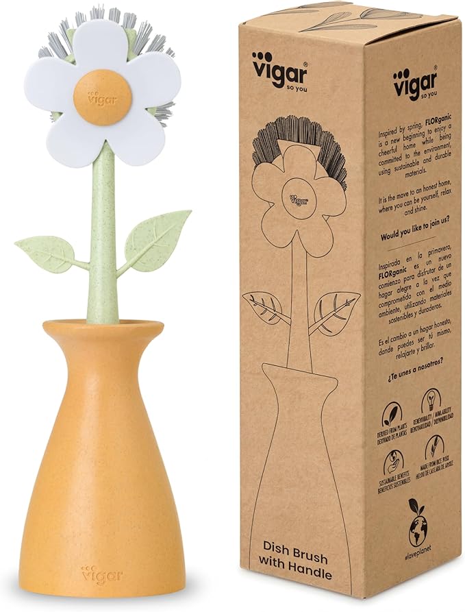 Vigar Florganic Dish Brush with Holder - Dish Scrubber with Handle for Dishes, Kitchen Sink Cleaning Brush, Pot Scrubber, Kitchen Scrub Brush, Dishwashing Brush Tool for Sink Cleaning - Orange