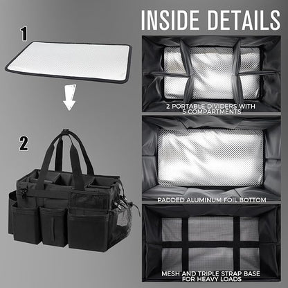 SCAVATA Wearable Cleaning Caddy Organizer with Handle & Shoulder Straps for Housekeepers, Under Sink & Car Cleaning Tool Organizer Bag with 4 Foldable Dividers (Black)