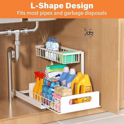 Under Sink Organizer 2 Tier, Pull Out Drawer Slides Under Sink Storage for Bathroom Kitchen,Multi-Purpose Drawer Under Cabinet Organizer for Cleaning Supplies (White, 2 Pack)