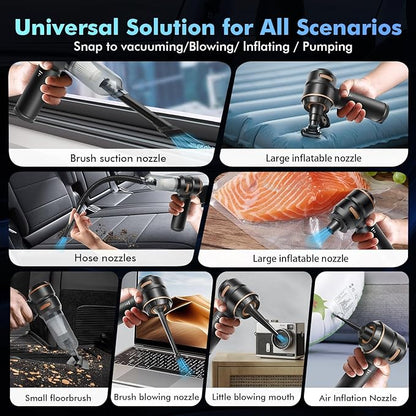 80,000RPM Cordless Car Vacuum & Air Duster 4-in-1 High Power 20000PA Handheld Blower/Pump with Brushless Motor, LED Power Display, 3 Speed for Home/Camping/Pet Hair (Black Gold)