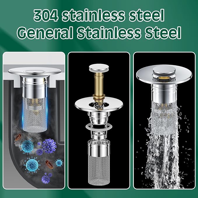 Vodolo 3 in 1 Sink Drain Strainer with Hair Catcher,2PCS Stainless Steel Popup Sink Stopper with Basket for Bathroom Kitchen Shower,Pop-up Bounce Core Floor Basin Drain Filter,Replacement Sink Plug