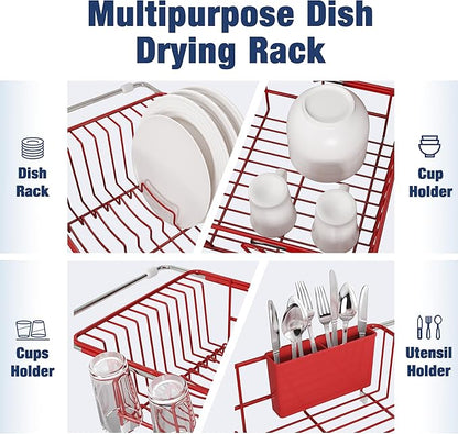 JASIWAY Red in Sink Dish Drying Rack, Expandable Stainless Steel Small Dish Rack Over Kitchen Sink, Plate Drainer Strainer with Utensil Holder & Cup Holders, Counter Space Saving Wire Dryer Rack