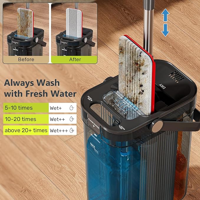 HoMettler Transparent Mop and Bucket Set with Separate Dirty & Clean Water, 65" Flat Mop for Floor Cleaning, 4 Machine Washable Microfiber Pads for Wood Tile-Black