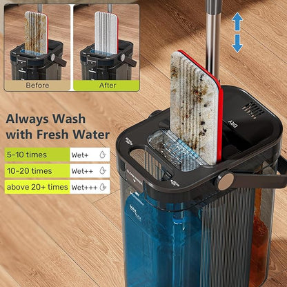 HoMettler Transparent Mop and Bucket Set with Separate Dirty & Clean Water, 65" Flat Mop for Floor Cleaning, 4 Machine Washable Microfiber Pads for Wood Tile-Black