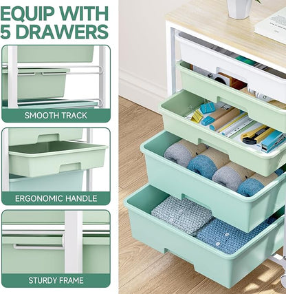 SYKIARIOL Utility Cart with 5 Drawers,Storage Cart with Wooden Tabletop and Lockable Wheels,Craft Storage Trolley Organizer,5-Tier Rolling Utility on Wheels,Light Green