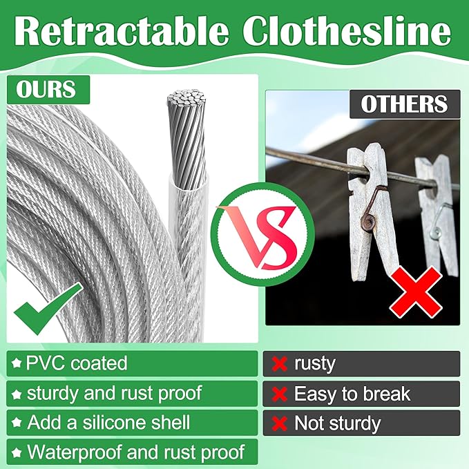 Windspeed 25Ft Retractable Clothesline Outdoor Heavy Duty Travel Clothesline Retractable Clothes Line for Outside Travel Camping Clothes Line, Galvanized Steel Material, with 10 Clips, Storage Bag
