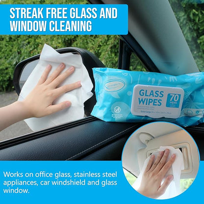 Air Jungles Glass Cleaner Wipes 70 Count, XL 10" x 8" Streak Free Cleaning Wipes for Windows, Mirrors, Car Windshield, Removes Fingerprints, Dust, Dirt, for All Glass Surfaces