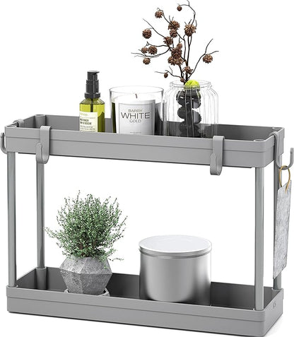 Simple Houseware 2-Tier Under Sink Organizer Storage Tray with Hooks, Grey