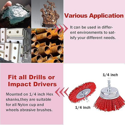 Rocaris 9 Pack Nylon Filament Abrasive Wire Brush Wheel & Cup Brush Set with 1/4 Inch Hex Shank, for Removal of Rust/Corrosion/Paint - 80 Grit, 120 Grit, 240 Grit