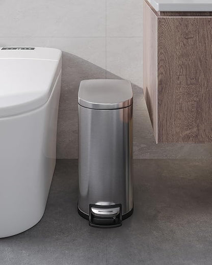 Garvee 2.6 Gallon / 10L Slim Stainless Steel Bathroom Trash Can with Lid, Step-On Pedal, Soft Close, Inner Bucket, Waterproof Small Garbage Bin for Bedroom, Silver