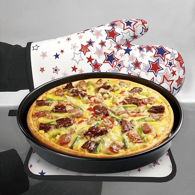 Stars Oven Mitts - Patriotic Kitchen Mitts Pot Holders Red White and Blue Hot Mitts 4th of July Hot Pads Sets of 2 for Cooking Baking Grilling