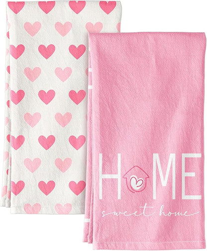 Miss Adola Valentine Day Kitchen Towels Set of 2 - Flour Sack Tea Towels with Hanging Loop 18x26 Inch Home Sweet Home Hand Dish Cloths Pink Hearts Absorbent Reusable Dishcloths Cute Valentine Decor
