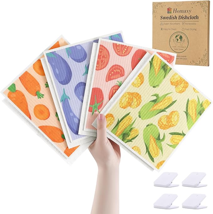 Homaxy Swedish Dishcloths for Kitchen, 8 Pack Vegetable Reusable Paper Towels with Clips, Absorbent Cellulose Sponge Dish Cloths for Washing Dishes, Non-Scratch & Odor-Free Dish Rags