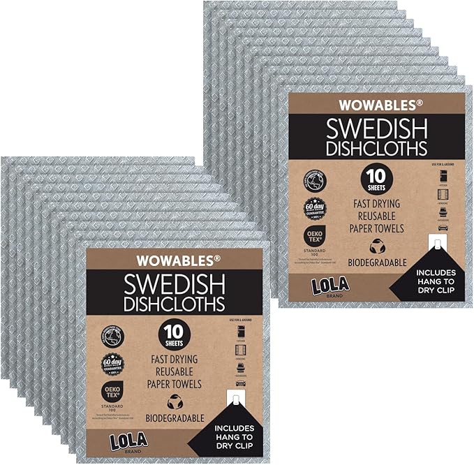 LOLA Swedish Dishcloths for Kitchen 20 Sheets, Biodegradable & Compostable Reusable Paper Towel Cleaning Cloths No Odor Washing Dishes Ultra Absorbent Cellulose Sponge Towel Made in Germany