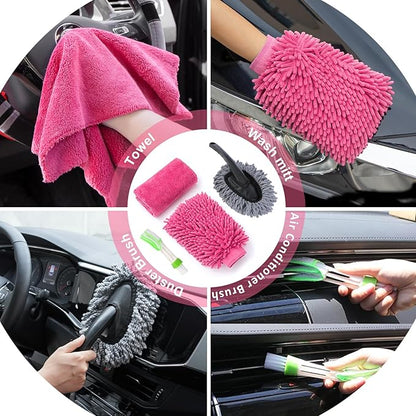 39Pcs Car Cleaning Wash Kit Interior Detailing Cleaner Kit with High Power Handheld Vacuum, Brush Set, Windshield Tool, Duster, Towels, Tire Brush, Complete Car Care Tools, Pink