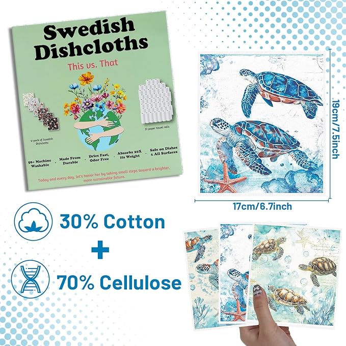 Swedish Dishcloths for Kitchen, 6PCS Sea Turtle Swedish Dish Cloths Gift Set, Starfish Reusable Washable Absorbent Dish Towel for Home Cleaning(7.8 X 7 Inches)