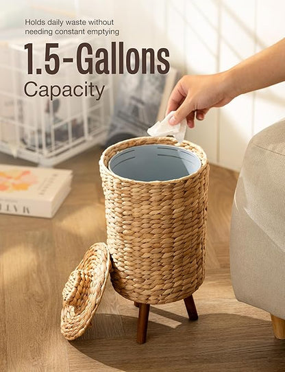 Tidita 1.5 Gallon Wicker Trash Can with Lid, Water Hyacinth Wicker Waste Basket for Bathroom - Decorative Bathroom Trash Can with Wooden Leg - Rattan Garbage Can with a Lid, Liner - Assembly Required