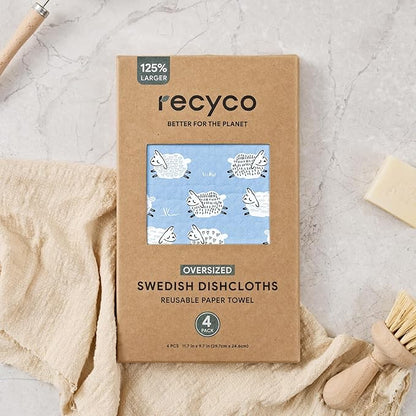 RECYCO Swedish Dishcloths for Kitchen | 4 Pack Oversized Washable Dish Rags | Large Cellulose Reusable Cleaning Paper Towels | Absorbent Counter Dish Cloth Sponge XL Kitchen Wipes, 12" L x 12" W