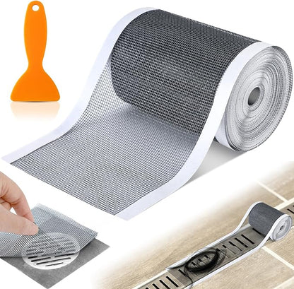 1 Pack 4 Inch x 33 ft Linear Shower Drain Hair Catcher Screen Disposable Adhesive Cutable Mesh Shower Drain Cover Stickers for Linear DIY Floor with Removal Tool for Bathroom Kitchen Bathtub