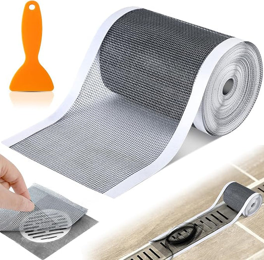 1 Pack 4 Inch x 33 ft Linear Shower Drain Hair Catcher Screen Disposable Adhesive Cutable Mesh Shower Drain Cover Stickers for Linear DIY Floor with Removal Tool for Bathroom Kitchen Bathtub