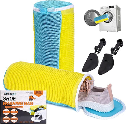 Shoe Washing Machine Bag, 2 Pcs Cylindrical Laundry Shoe Bag for Washer and Dryer with Adjustable Shoe Trees, 360 Deep Cleaning Sneaker Washing Bag with Zipper, Fits All Shoe Types and Sizes, Yellow