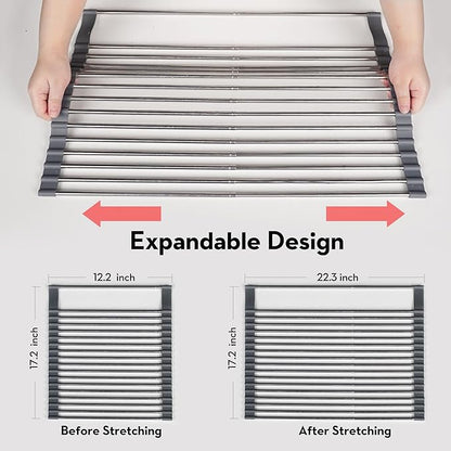 Roll Up Dish Drying Rack Over The Sink, 304 Stainless Stee Dish Drainer, Foldable & Adjustable Sink Drying Rack for Kitchen Sink Counter with Utensil Holder (Gray, Roll Up,Medium,Expandable)