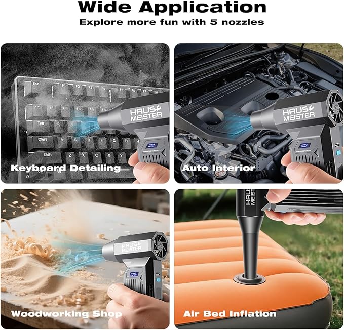 Hausmeister Airflex Turbo Compressed Air Duster 120,000 RPM Electric Air Duster, Reusable Cordless Blower Replaces Canned Air for Keyboard, PC, Car, Electronics Cleaning (Black)