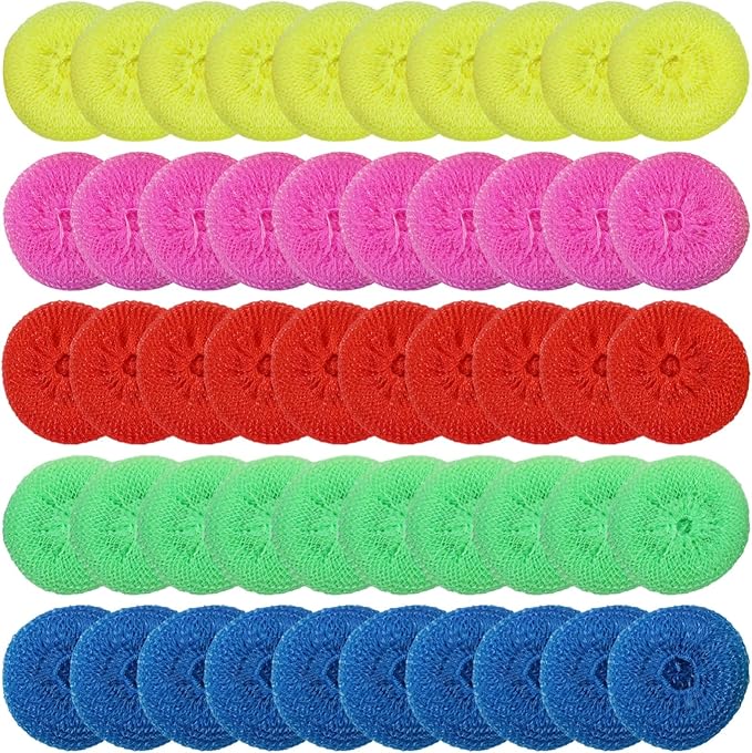 50 Pack of Non-Scratch Pp Plastic Dish Scrubbies, Colorful Mesh Cleaning Balls for Pots & Pans, 5 Colors