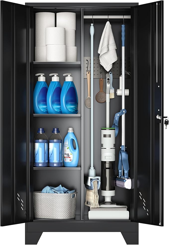 VASAAOSD 61" Broom Closet Storage Cabinet, Metal Storage Cabinet with Doors, Utility Cabinets for Brooms and Mops, Cleaning Tool Cabinets for Garage, Laundry Room, Bathroom