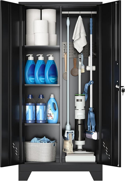 VASAAOSD 61" Broom Closet Storage Cabinet, Metal Storage Cabinet with Doors, Utility Cabinets for Brooms and Mops, Cleaning Tool Cabinets for Garage, Laundry Room, Bathroom