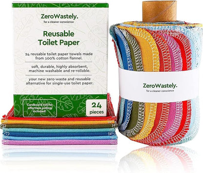 ZeroWastely 24 Reusable Toilet Paper Washable Roll - Bidet Towels Washable Toilet Paper - Cut Back & Waste Less with our Colored Super Soft, Absorbent & Re-Rollable Cloth Wipes - Rainbow Edition