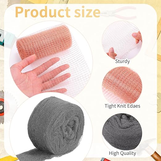 Copper Mesh Rodent Control Kit 1 Pack Rustproof Mesh Roll and 0000 Steel Wool Mouse Hole Filler with Gloves, Scissors for House Garden Home Garage(5in X 19.7ft)