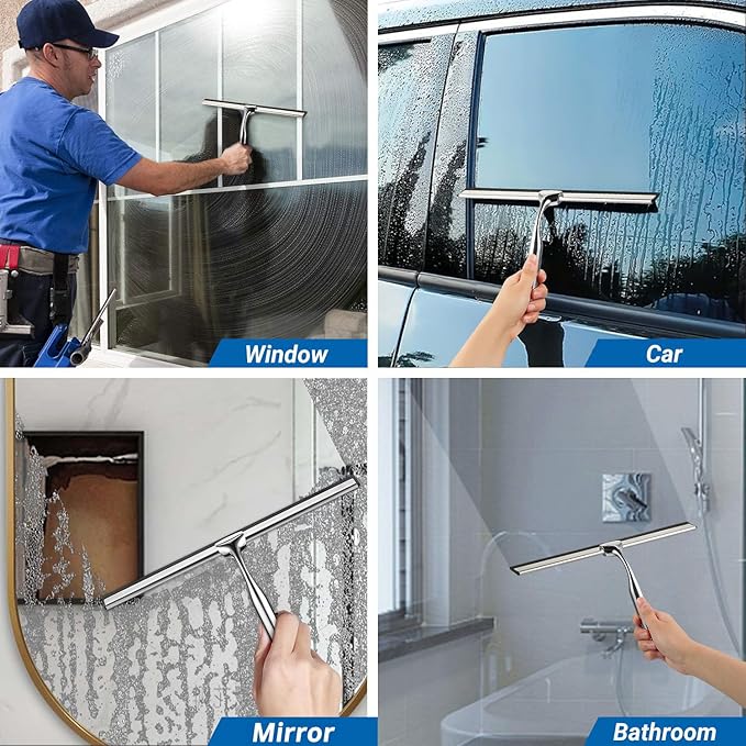 ecooe Silicone Shower Squeegee with Hanger, Shower Glass Cleaner Wiper, Black Window Squeegee Scraper with Stainless Steel Core for Home Bathroom Kitchen Car Glass Doors