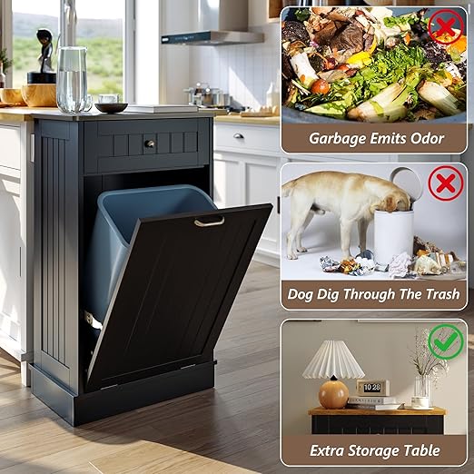 LOUVIXA Tilt Out Trash Can Cabinet, Hidden Trash Cabinet with Drawer, Wooden Dog Proof Trash Can Holder, Tilt Out Laundry Hamper, Garbage Can Holder (Black)